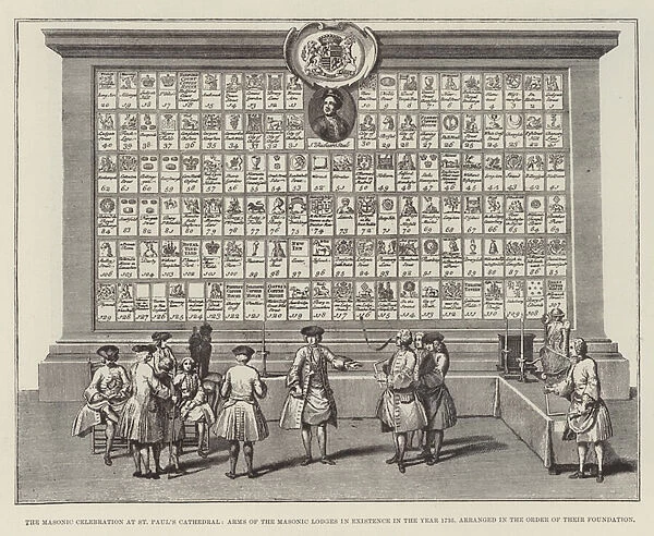 The Masonic Celebration at St Pauls Cathedral, Arms of the Masonic Lodges in Existence in the Year 1735, arranged in the Order of their Foundation (engraving)