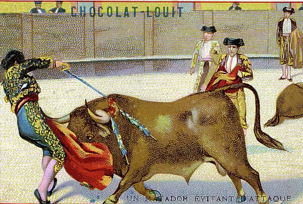 A Matador avoiding the attack of a bull. Chromolithography from the end of the 19th century