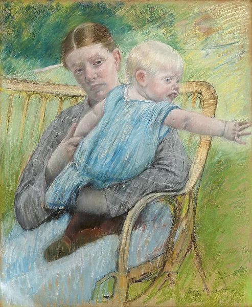 Mathilde Holding a Baby who Reaches out to the Right, c. 1889 (pastel on paper)