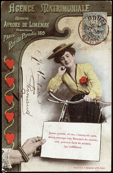 Matrimonial agency, announcement of a young cyclist - Postcard, ca. 1910