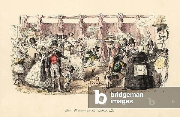 The Matrimonial Tattersalls, 1847. Satirical print of a market for brides and grooms in the style of Tattersalls horse market. Handcoloured etching by John Leech from Follies of the Year, from Punchos Pocket Books, Bradbury, London, 1864