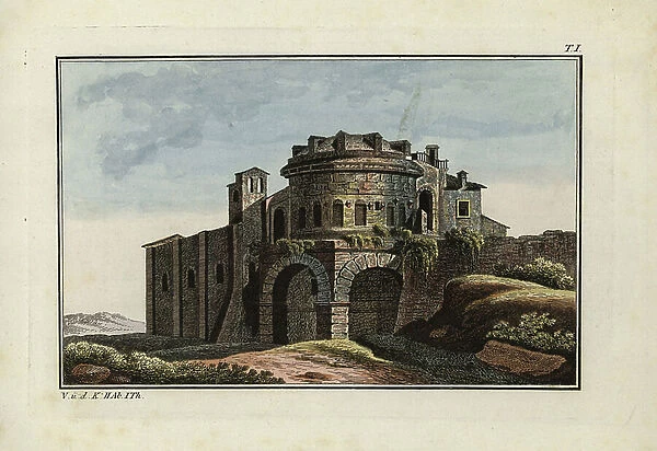 The mausoleum of King Theoderic at Ravenna. Handcoloured copperplate engraving from Robert von Spalart's ' Historical Picture of the Costumes of the Principal People of Antiquity and of the Middle Ages, ' Chez Collignon, Metz, 1810