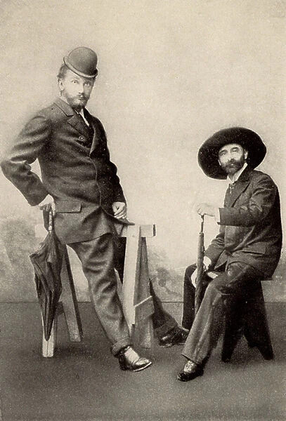 Max Kalbeck, biographer of Johannes Brahms, left, and Brahms Viennese friend Dr Otto Bauer, wearing each other's hats, 1892 (b / w photo)