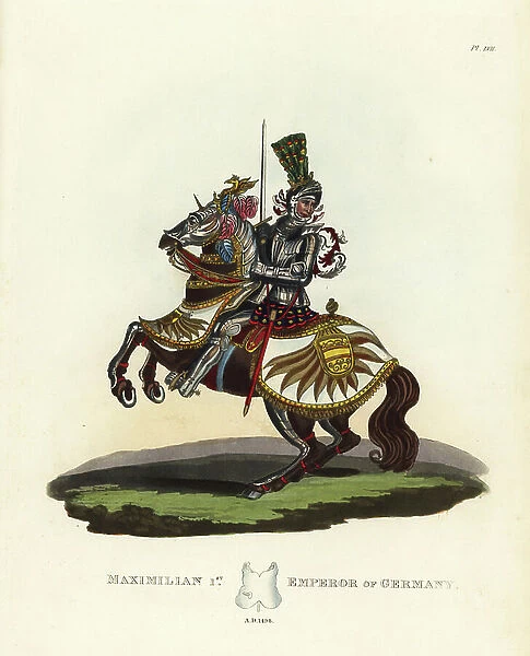 Maximilian I, Emperor of Germany, 1498. In a suit of fluted armour, helmet with visored beavor, culettes, puckered velvet lamboys and long tassets. Horse in barding, chamfron with cheek pieces, manefaire, fringed croupiere and leg armour