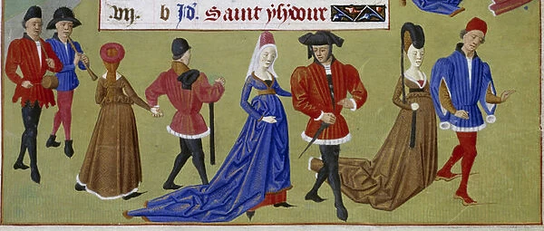 May: the courtiers walk. Detail of an illuminated manuscript page taken from '