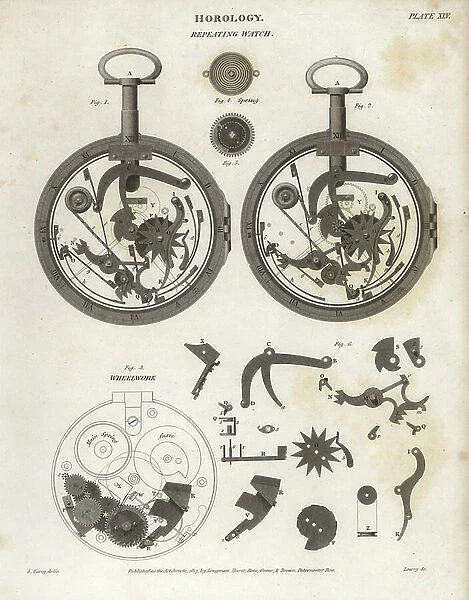 Mechanism of a repeating watch including spring, wheelwork. Copperplate engraving by Wilson Lowry after a drawing by J. Farey Jr. from Abraham Rees Cyclopedia or Universal Dictionary of Arts, Sciences and Literature, Longman, Hurst, Rees
