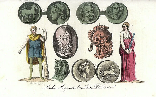 Medals and statues of kings and queens of Carthage: Hannibal in battle helmet 1, helmet 2, Ceres 3, Mago, Malchus with huge cudgel 7 and Dido 8. Handcoloured copperplate engraving by Andrea Bernieri from Giulio Ferrario's Ancient