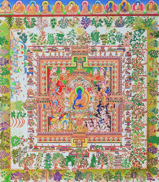 Medicine Buddha Mandala, the centre figure of Bhaisajyaguru represents the supreme healer in monastic robes with a bowl containing medicinal plants (gouache on cloth)