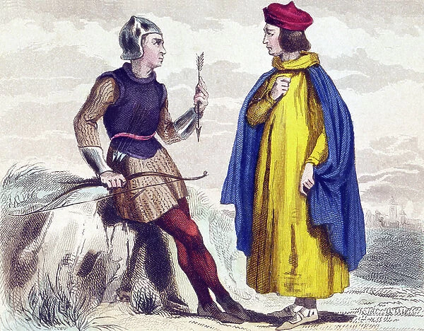 Medieval costume: an archer in the 13th century and the bourgeois Renaud de Saint Vincent (Saint Vincent) in 1250, c.1860 (steel engraving)