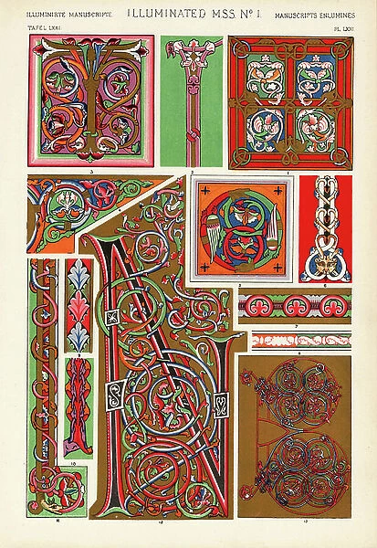 Medieval illuminated manuscripts from the 12th century 1-12, and 13th century 13. Chromolithograph by Francis Bedford from Owen Jones' The Grammar of Ornament, Quaritch, London, 1868
