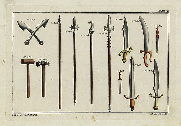Medieval weapons: Dull swords or kolben for the Kolbenturnier 302, pike 303, halberd 304, partisan 305, wooden battle hammer 306, iron battle hammer 307, lance with crooked spike 308, various swords 309-312, and daggers 313, 314