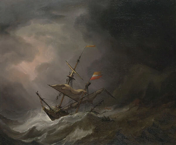 A Mediterranean Brigantine Drifting Onto a Rocky Coast in a Storm, c.1700 (oil on canvas)