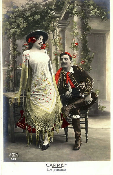 Meet the gypsy Carmencita and Brigadier Don Jose in a square in Seville during the cigar break. Postcard depicting a scene of the comic opera Carmen by Georges Bizet (1838-1875)