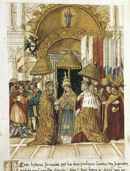 Meeting between Frederic Barberossa (Federico Barbarossa) and Pope Alexander III (Alexander, Alessandro III) (1105-1181) at the Doge's Palace in Venice in 1177, 12th century (miniature)