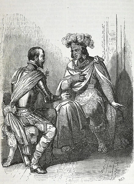 Meeting between Hernan Cortes and Montezuma II Aztec King (engraving)