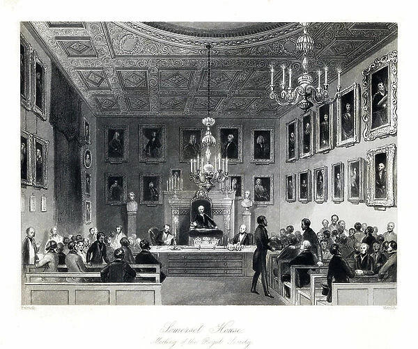 Meeting of the Royal Society in Somerset House. The hall is decorated with portraits of members including John Evelyn, Sir Isaac Newton, Sir Humphrey Davy, Sir Martin Folkes, etc