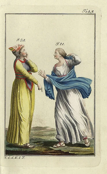 Melpomene, Muse of Tragedy, wearing a Greek strophium (bra) and mask, and a daughter of Niobe. Handcolored copperplate engraving from Robert von Spalart's ' Historical Picture of the Costumes of the Principal People of Antiquity
