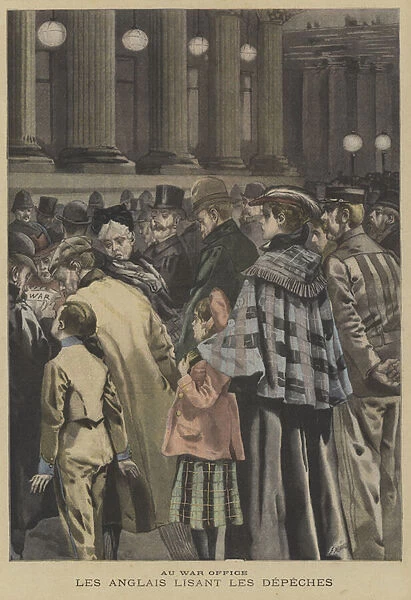 Members of the British public reading news of the Boer War outside the War Office, London (colour litho)