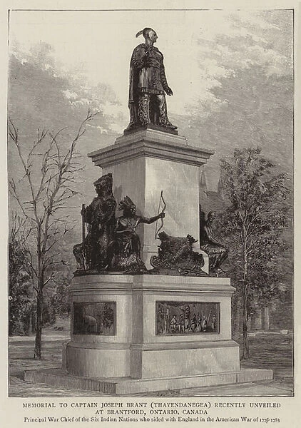 Memorial to Captain Joseph Brant (Thayendanegea) recently unveiled at Brantford, Ontario, Canada (engraving)