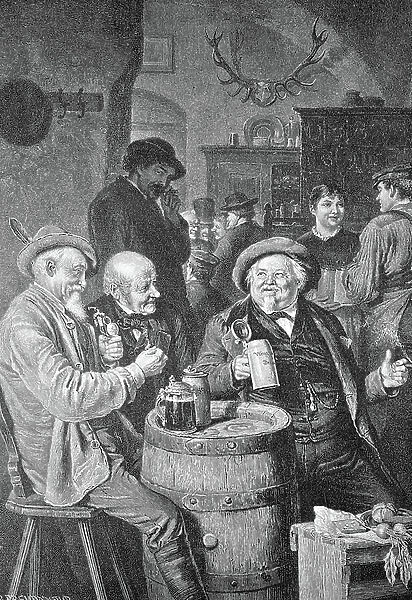 Men drinking beer, historical engraving, 1888