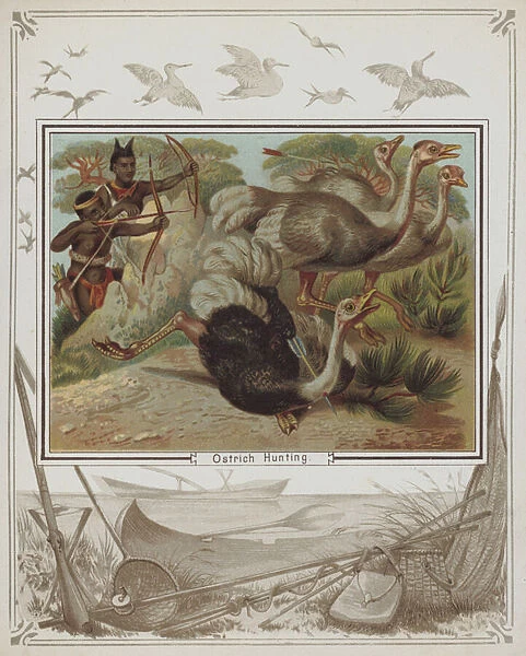 Men hunting for ostrich, South America (chromolitho)