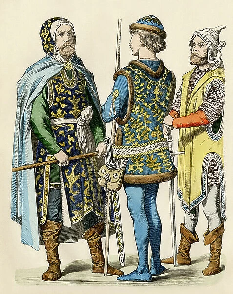 Men of the Lower Rhine region (Netherlands), circa 1400 - Men from the lower Rhine area, 1400s. Antique hand-colored print
