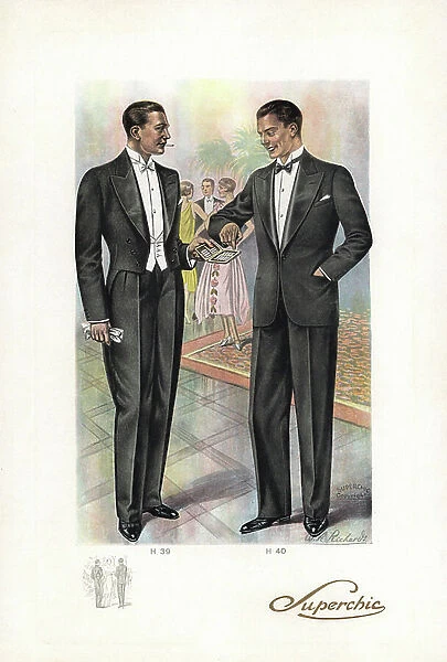 Men in smoking and formal wear at a chic party from the 1920s. Man in smoking suit with wide lapels offering a cigarette to another man in formal wear with black bow tie. Color printed fashion plate by W. A