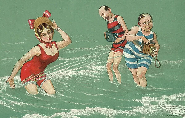 Men taking photographs of a woman in her swimsuit (colour litho)