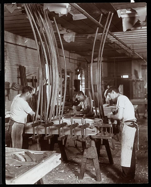 Men working in a piano factory, 1907 (silver gelatin print)