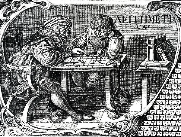 A merchant and his clerk using a calculating table