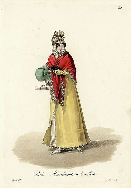 Merchant a toilette - Seller of cosmetics and grooming items, Paris, 19th century, in long coat, patterned bonnet, fringed shawl, carrying a box and package - Handcoloured copperplate engraving by Gatine after an illustration by Louis-Marie Lante