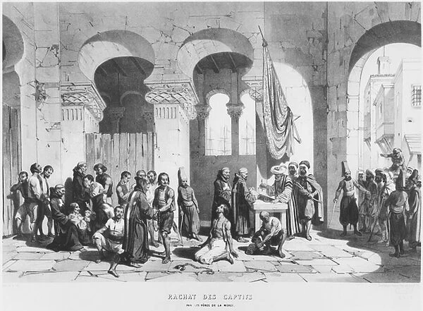 The Mercy Fathers ransoming the captives in Algeria, c. 1830-40 (litho) (b  /  w photo)