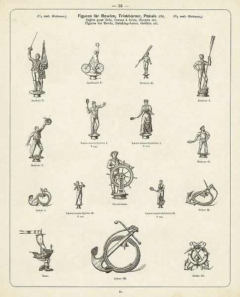 Metal figures of sailors, tennis players, oarsmen for bowls, drinking horns and goblets. Lithograph from a catalog of metal products manufactured by Wuerttemberg Metalware Factory, Geislingen, Germany