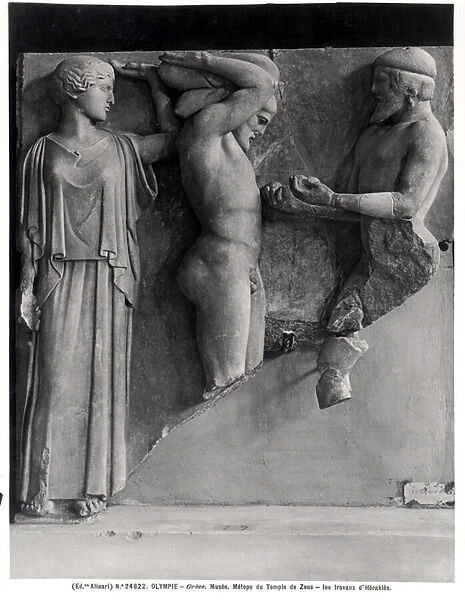 Metope X from the Temple of Zeus depicting Hercules Receiving the Golden Apples of the Hesperides from the Hand of Atlas, while Minerva rests a Cushion on his Head (marble) (b  /  w photo)