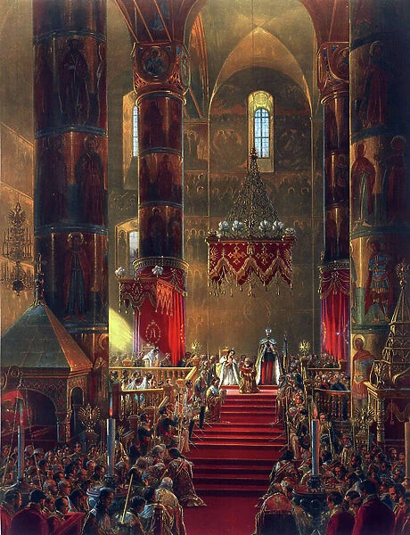 The Metropolitan of the Orthodox Church prays during the coronation of Tsar Alexander II of Russia in 1856