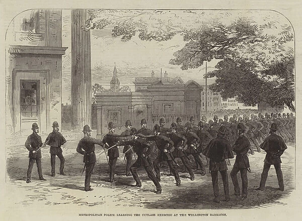 Metropolitan Police learning the Cutlass Exercise at the Wellington Barracks (engraving)