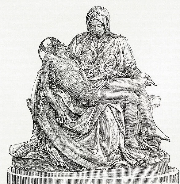 Michelangelo's Pieta in St. Peter's Basilica, Rome, Italy, from Meyers Lexicon, pub. 1928 (print)