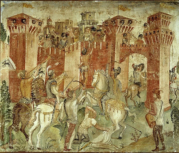 Middle Ages: frescoes depicting castles with armees. Parish church. Lesignano de'bagni near Parma. Italy