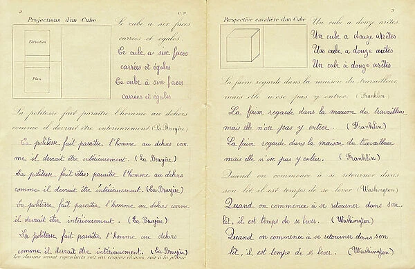 Middle course: reproduce cube in projection and perspective, sentences of one and two lines, c.1880-90 (print)