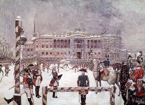 Military parade in front of the Mikhailovsk Palace in the presence of Paul I (1754-1801)