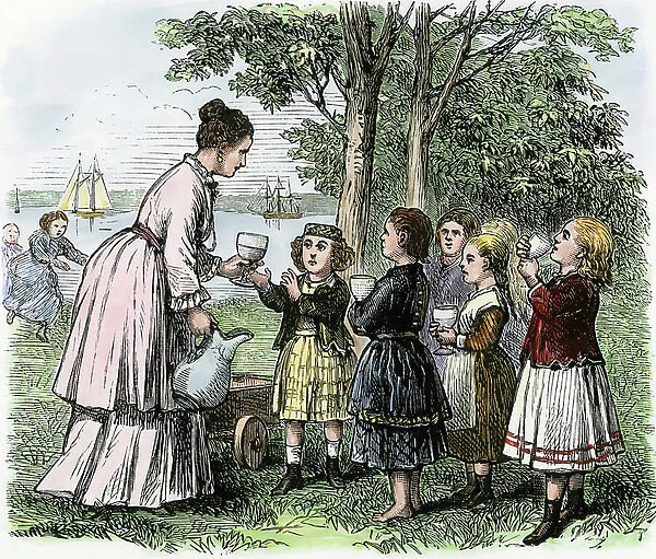 Milk distribution to poor children in a summer camp, Staten Island, New York, around 1870. By a woman from a Children's Aid Society. Engraving on wood, colour, 19th century