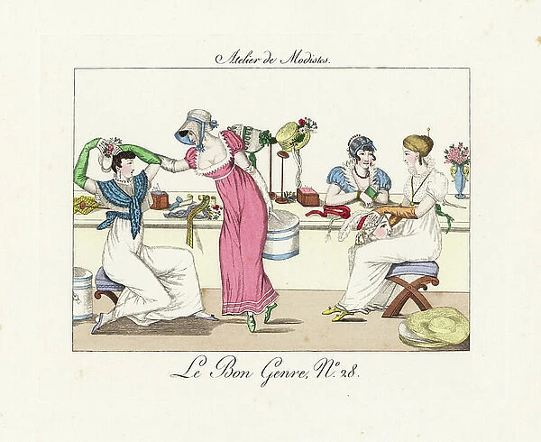 Millinery shop workers. Women in lowcut muslin dresses trying on hats, holding a hat box, fixing feathers to a headdress and reading a notebook at the counter. Handcoloured engraving from Pierre de la Mesanger's Le Bon Genre, Paris, 1817