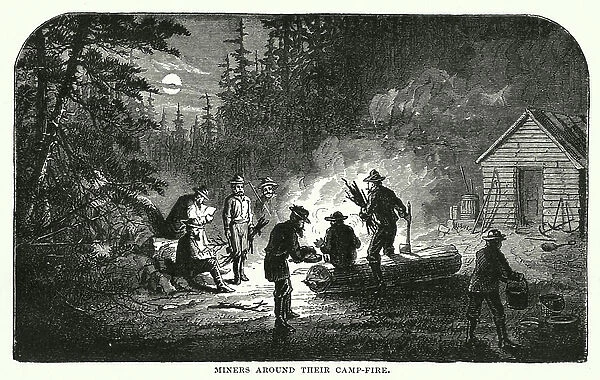 Miners around their camp-fire (engraving)