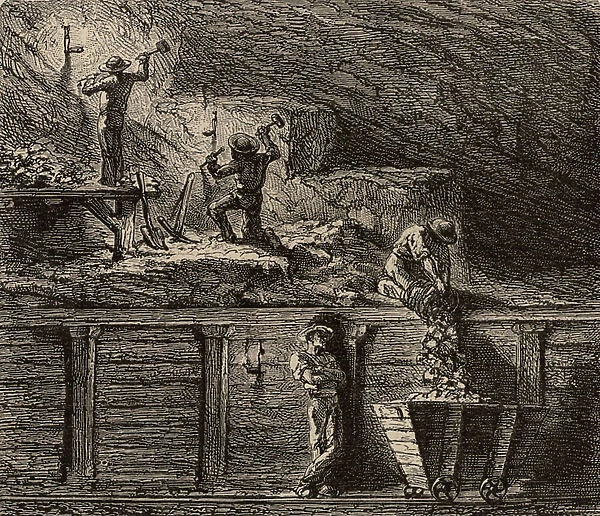 Miners working metal deposits, 1869 (engraving)
