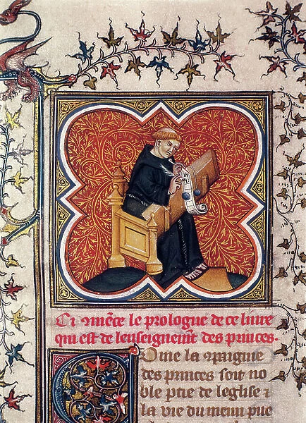 Miniature of a monk writing, 14th century