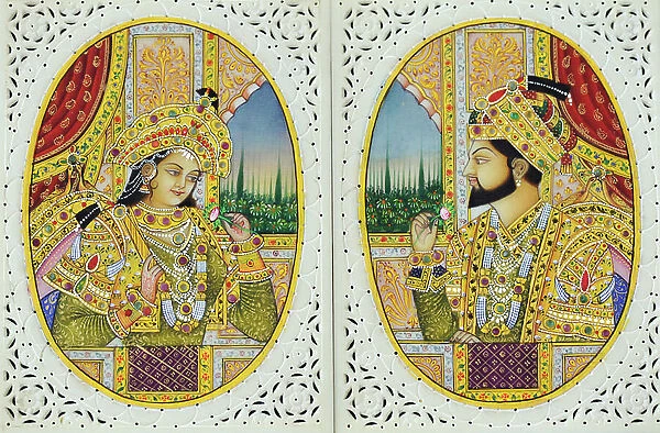 Miniature Painting of Shah Jahan with Wife Mumtaj Mahal India Asia
