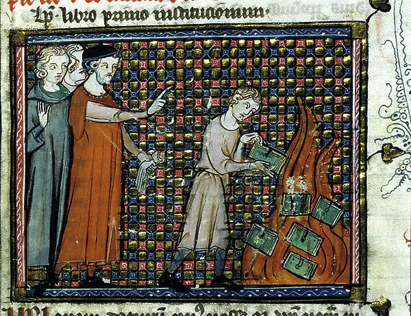 Miniature representant des iconoclastes jetant des livres au feu. Manuscrit