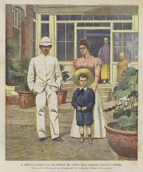 The Minister of Italy and His Family in the Courtyard of the Italian Legation in Beijing (colour litho)