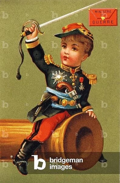 Minister of War: Child dresses as a soldier and riding a cannon. Series of 11 chromolithographs on a dore background: The Ministers. Unknown printer and publisher. Around 1880. Size: 11 x 7.5 cm