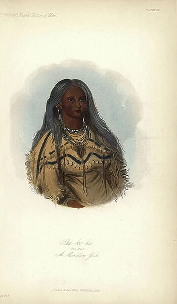 The Mint, Sha-ko-ka, a Mandan or Numakiki girl. A very pretty and modest girl, 12 years of age, with grey hair peculiar to the Mandan nation. Handcoloured lithograph after a painting by George Catlin from James Cowles Prichard's Natural History of